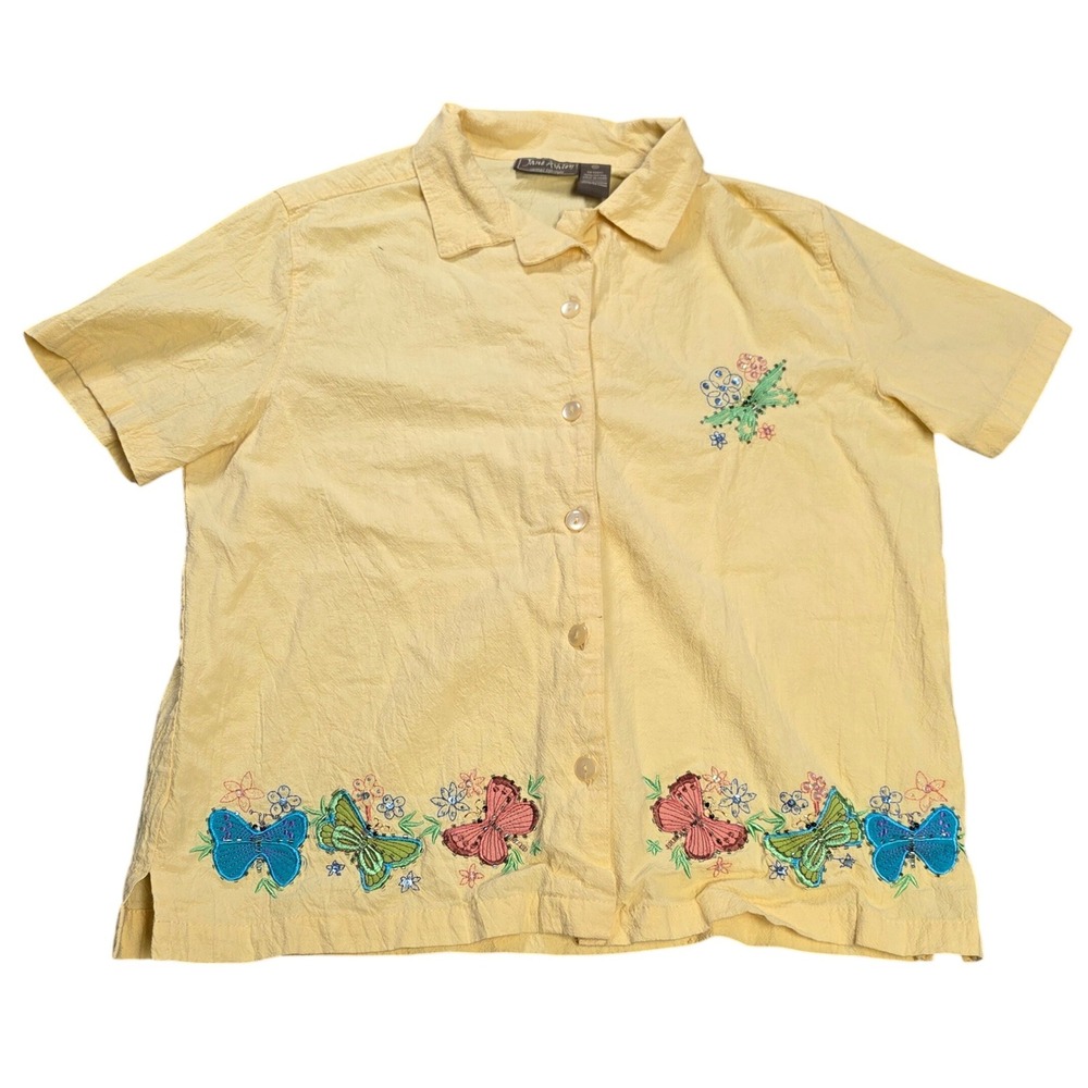 Jane Ashley Embroidered Butterfly Sequin Button Up Shirt Women's Size XL Yellow‎